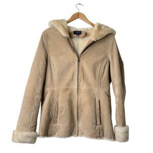 Vtg Womens Y2K Penny Lane Jacket M Suede Fur Lined Full Zip Hooded Retro Phoebe